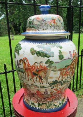 Large Chinese Famille Verte Ginger Jar Floor Vase Uw Orange Hunt Scene Horse 19 "