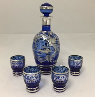 Cobalt Glass Silver Overlay Decanter & 4 Shot Glasses Cups River Boat Asian Nile