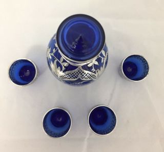 COBALT GLASS SILVER OVERLAY DECANTER & 4 SHOT GLASSES CUPS RIVER BOAT ASIAN NILE 2
