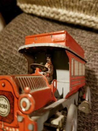 OROBR 1 wind up Double Decker Red Bus Tin Toy Germany,  1910 - 1920, 8