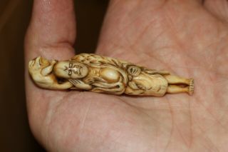 Japanese Traditional Antique Netsuke Antler Hand - Carved Gama Sennin