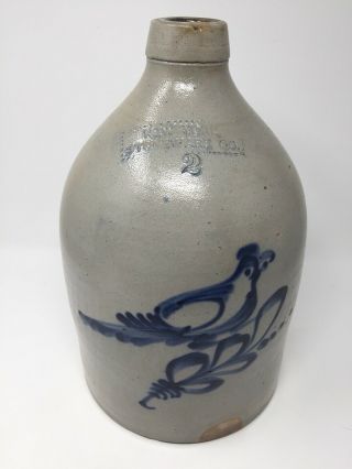 Antique York Stoneware Company Jug Two Gallon Cobalt Blue Bird Floral Motif