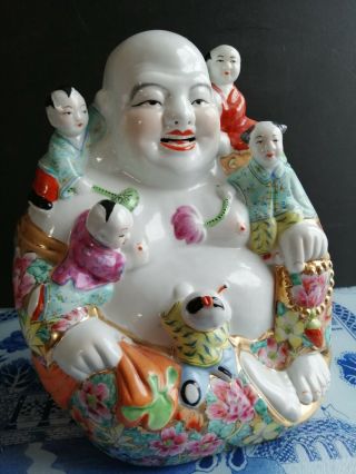 10 " Porcelain Happy Laughing Buddha Statue Famille Rose Gilt Mille Fleur