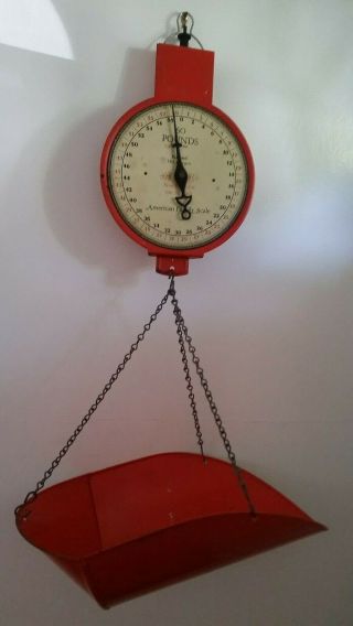 Vintage American Family Co.  Hanging Farm Produce Scale 60 Pounds Red Pat.  1912