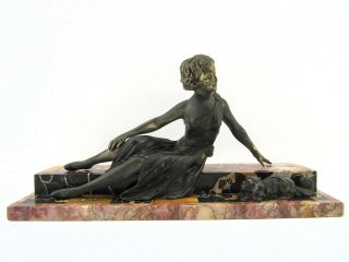 Antique Spelter Art Deco Woman And Dog After The Style Of Chiparus