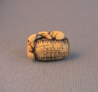 Early 19th Century Japanese Stag Antler Netsuke Of Rats On A Rice Bale