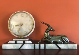 Vintage Art Deco French,  Marti,  Marble & Bronze Mantle,  8 Day Clock,  Stamped