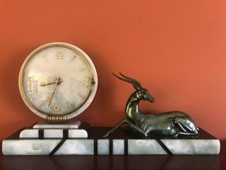 VINTAGE ART DECO FRENCH,  MARTI,  MARBLE & BRONZE MANTLE,  8 DAY CLOCK,  STAMPED 2