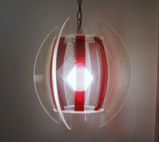 Vtg 1960s Lucite/string Red Hanging Lamp Atomic Mcm Light Fixture (2 Available)