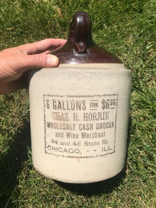 Antique Stoneware Whiskey Jug Crock Chas Horrie Chicago Grocer Wine 1 Gallon