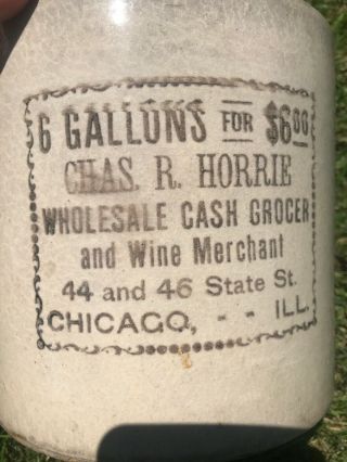 Antique Stoneware Whiskey Jug Crock Chas Horrie Chicago Grocer Wine 1 Gallon 7