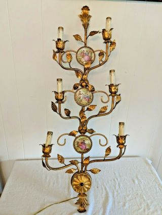 Italian Tole Gold Gilt Porcelain Courting Couple Lovers Italy Wall Sconce