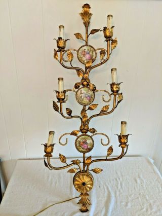 Italian Tole Gold Gilt Porcelain Courting Couple Lovers Italy Wall Sconce 2