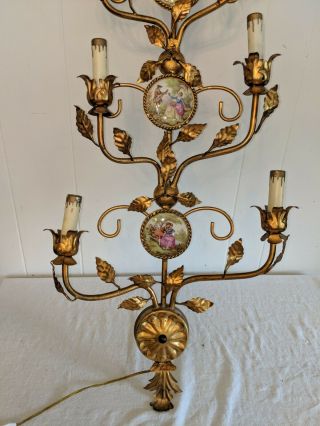 Italian Tole Gold Gilt Porcelain Courting Couple Lovers Italy Wall Sconce 3