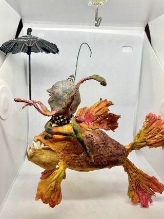 Primitive Handsculptedpapermache /clay Fish & Octopus Rider Umbrella 61/2”