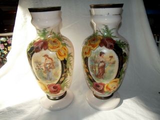 Antique 14 " Mantle Vases Pale Pink Portrait Victorian Art Glass Bristol Painted