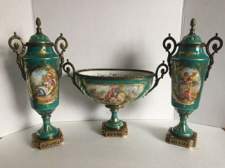 Antique Sevres Style Lidded Urns With Matching Oval Centerpiece Bowl