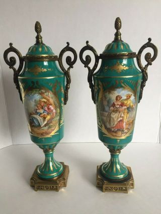 ANTIQUE SEVRES STYLE LIDDED URNS WITH MATCHING OVAL CENTERPIECE BOWL 2