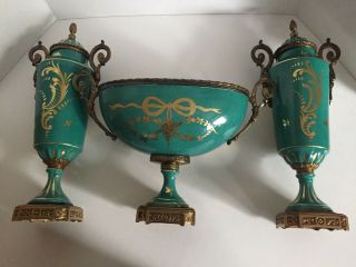 ANTIQUE SEVRES STYLE LIDDED URNS WITH MATCHING OVAL CENTERPIECE BOWL 8