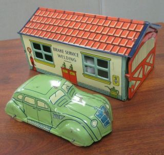 Vintage J.  Chein Tin Litho Service Station Garage & Wind Up Car