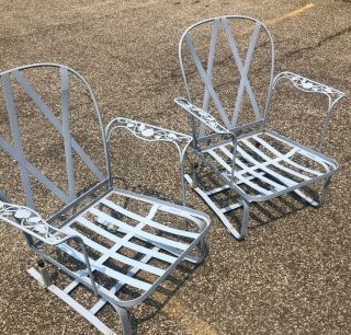 Pair Vintage Woodard " Chantilly Rose " Wrought Springer Iron Arm Chairs