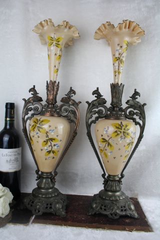 Pair Xl French Antique Dragon Gothic Opalin Glass Enameled Vases Floral 19th C