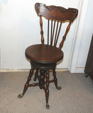 Antique Oak Piano Stool With Back - Adjustable Heights