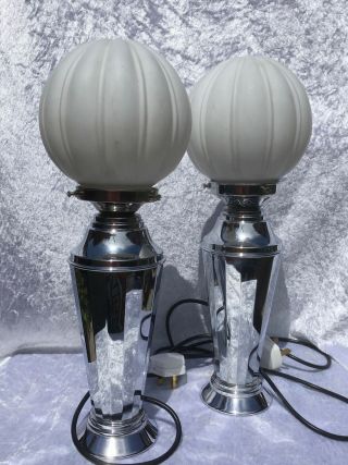 Pair Art Deco Chrome Table Lamps Opaline Globe Glass Shade