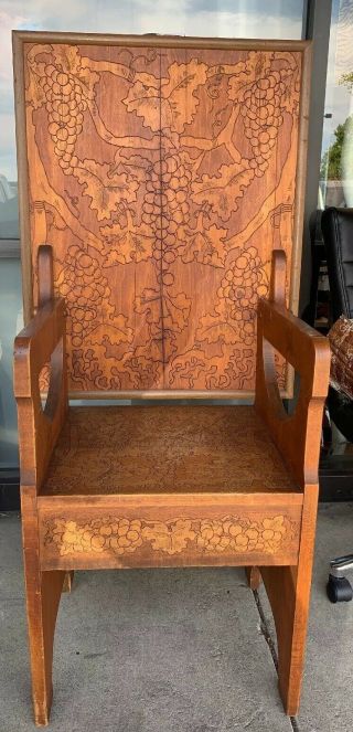 Arts & Crafts Carved Oak Hall Chair W Grape Leaves - Converts To Game Table