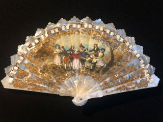 European Brise Hand Fan Mother Of Pearl Hand Painted Goya 