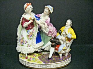 Vtg Dresden Style Porcelain Lace Women Dressing W/ Man Watching Antique Figurine