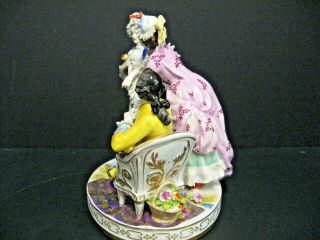 Vtg DRESDEN Style Porcelain Lace Women Dressing w/ Man Watching Antique figurine 2