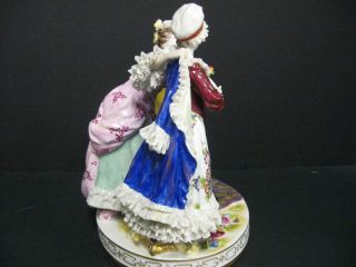 Vtg DRESDEN Style Porcelain Lace Women Dressing w/ Man Watching Antique figurine 4