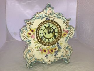 Antique Ceramic Mantel Clock Wind Up W/pendulum