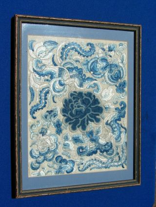 Antique Chinese Silk Embroidery Panel Forbidden Stitch Flowers Bats Framed