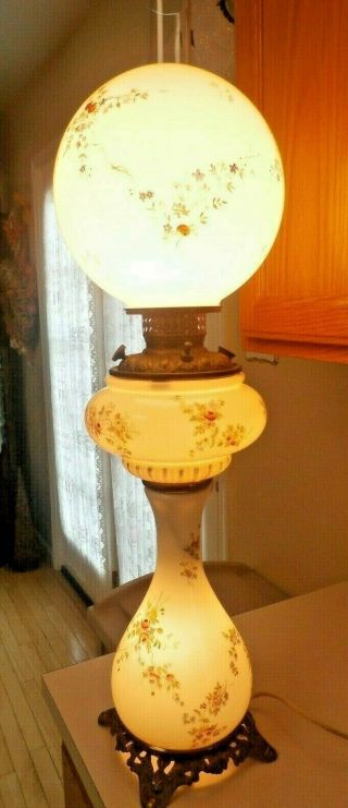 Antique Banquet Parlor Lamp Gwtw Electric Light Hand Painted Globe Hurricane