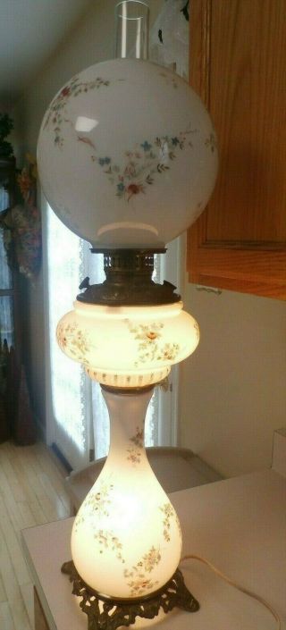 ANTIQUE Banquet Parlor Lamp GWTW ELECTRIC Light Hand Painted Globe Hurricane 4