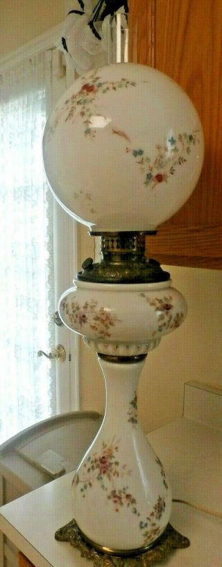 ANTIQUE Banquet Parlor Lamp GWTW ELECTRIC Light Hand Painted Globe Hurricane 5