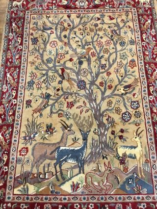 Vintage Oriental Wool 4’ X 6” Hanging Rug Tree Life Birds Deer Red Tan