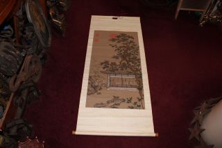 Antique Chinese Tapestry Scroll - Handpainted Trees Village House People - Signed