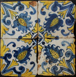 4 Portuguese Polychrome Antique Tiles From 17th Century