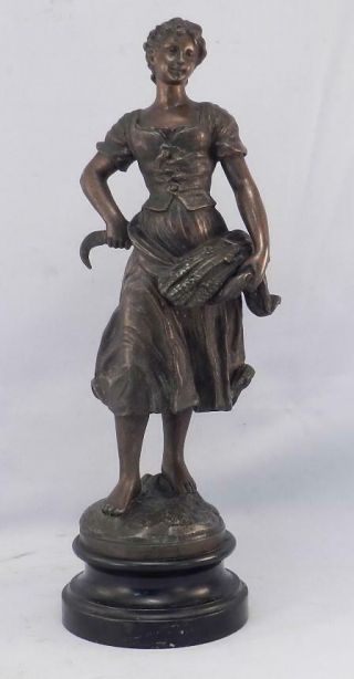 Antique French Bronzed Lady Woman Sculpture Girl Harvesting Wheat Farm Scene