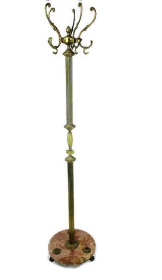 Standing Hall Tree Coat Rack Ornate Brass Hollywood Regency Marble Base Lion Leg