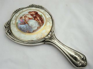 Art Nouveau Silver Plated Hand Mirror 1905 - Classical Ceramic Back