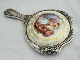 ART NOUVEAU SILVER PLATED HAND MIRROR 1905 - CLASSICAL CERAMIC BACK 3