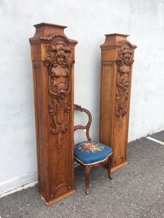 Matching Victorian Figural Oak Liquor Cabinet/pedestals 1880s Carved