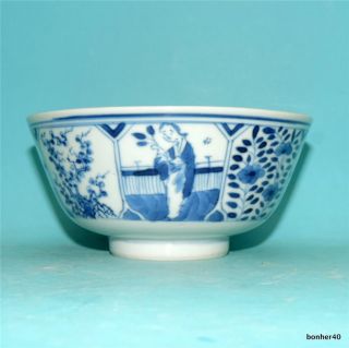 Antique Chinese Export Blue White Porcelain Kangxi Mark Lady Eliza Bowl