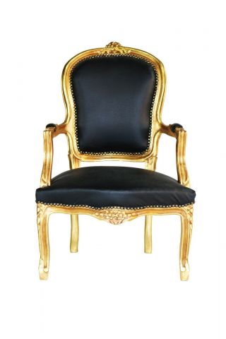 Quality Gilded Armchair In Louis Xv Style And Faux Black Leather