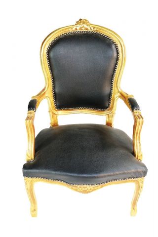 Quality gilded Armchair in Louis XV Style and faux black leather 2