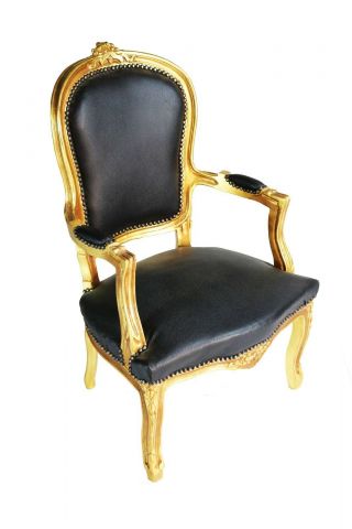 Quality gilded Armchair in Louis XV Style and faux black leather 3